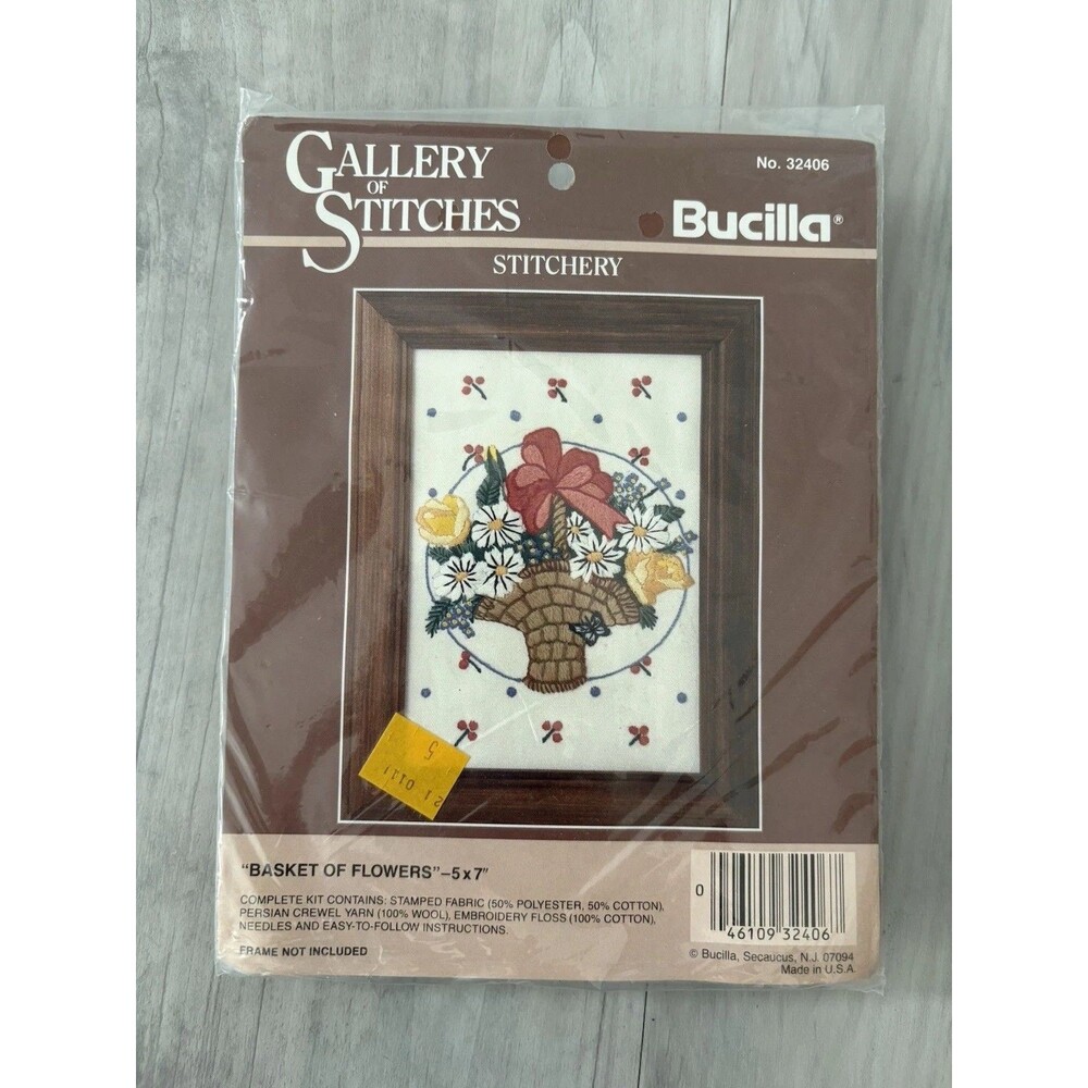 VTG Gallery of Stitches  Bucilla  Basket of Flowers Crewel Kit 5"x7"  #32406